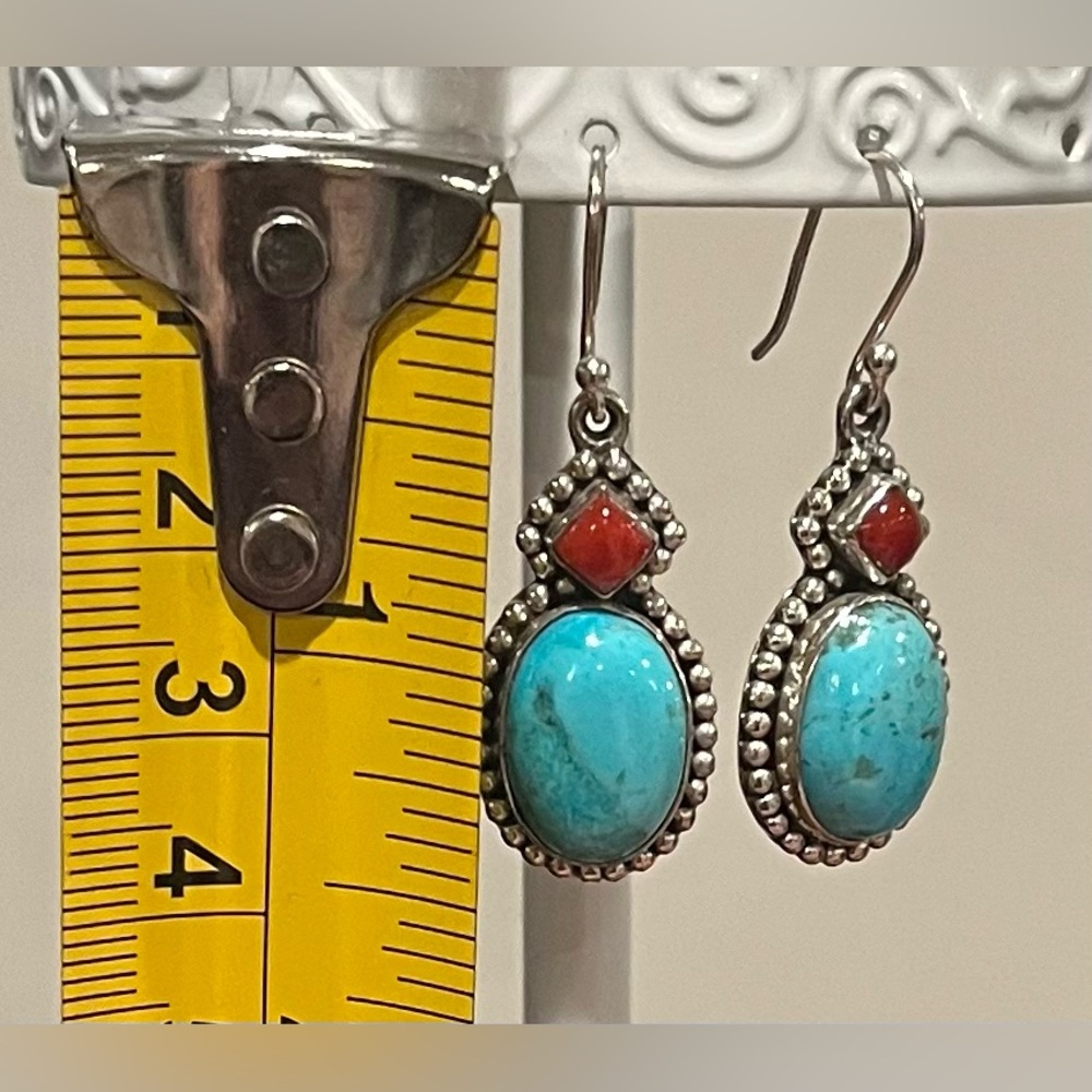 Sterling Silver Blue Mohave Turquoise Red Coral Earrings - Picture 7 of 7